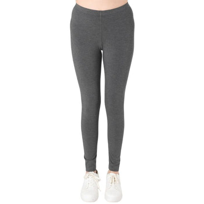 female model wearing charcoal grey suri full length leggings front view on white background 