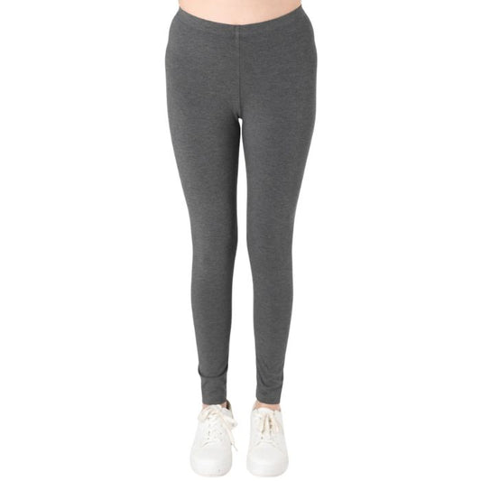 female model wearing charcoal grey suri full length leggings front view on white background 