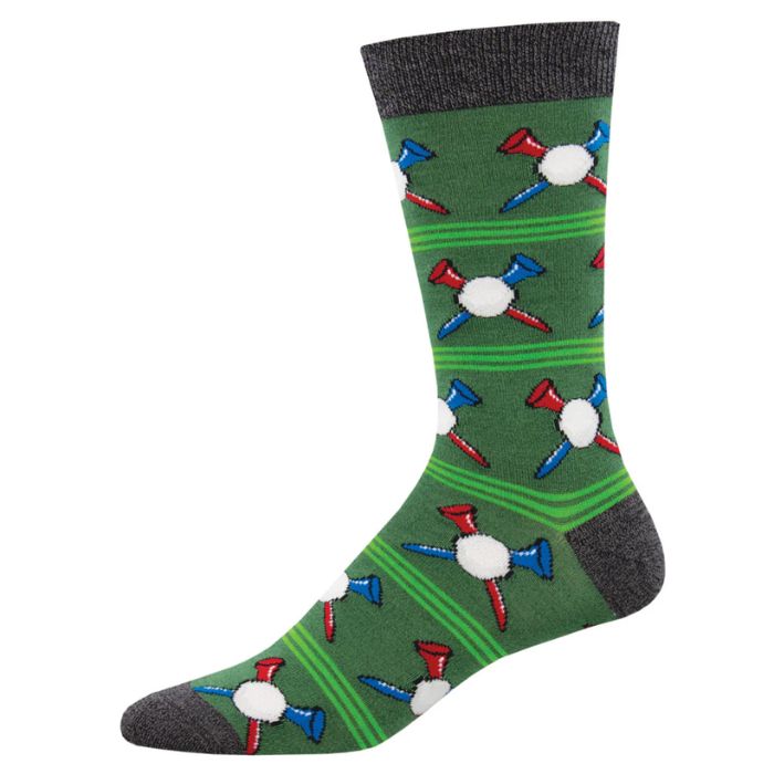 Tee off sock green crew sock with golf ball and tee print