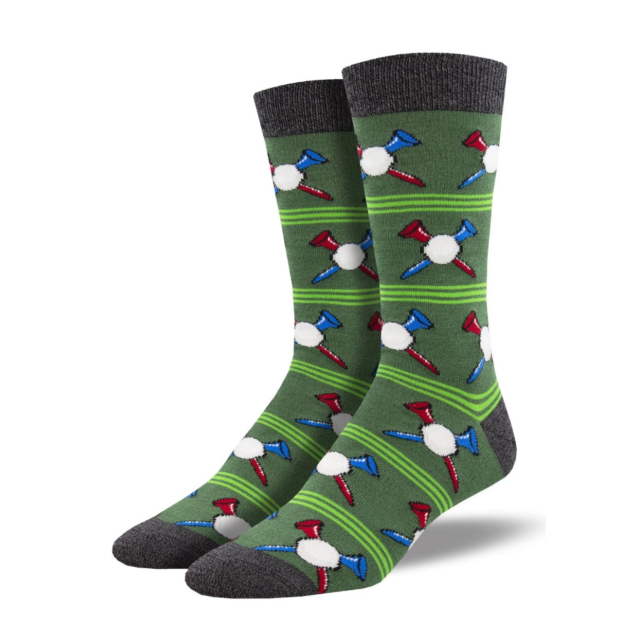 Tee off socks a pair of green crew socks with tee and golf ball print