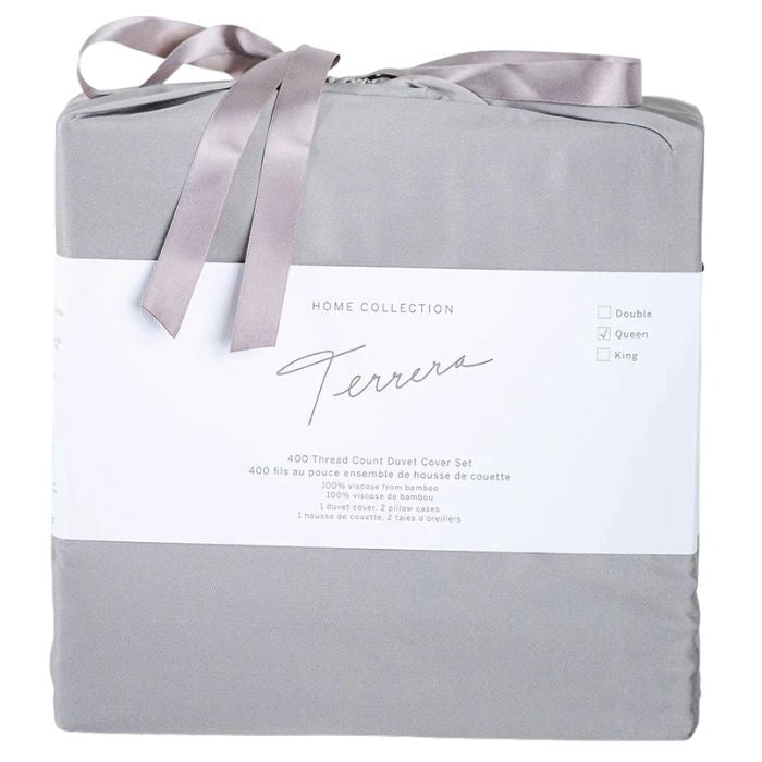 grey terrera duvet cover and two pillowcases in cloth bag