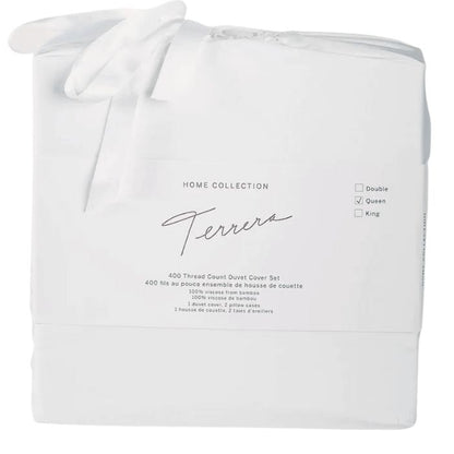 white terrera duvet cover and two pillowcases in cloth bag
