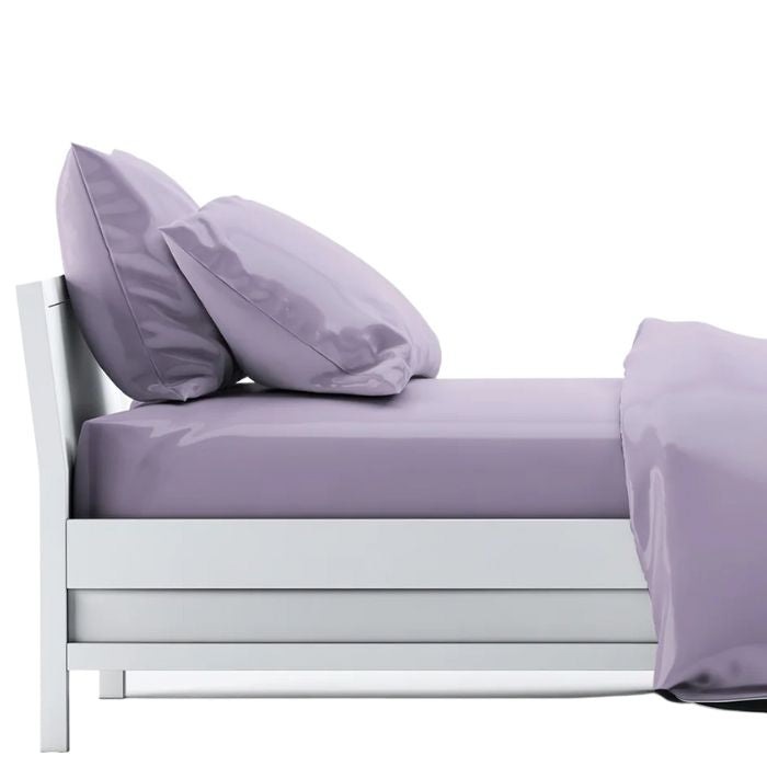 Amethyst purple sheet set- flat sheet, fitted sheet and two pillowcases on made bed