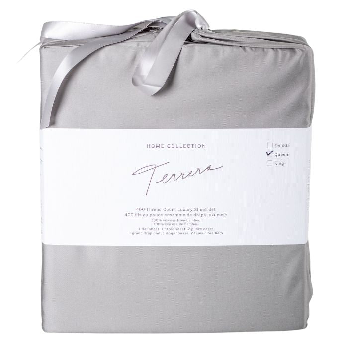 Grey sheet set- flat sheet, fitted sheet and two pillowcases in cloth bag