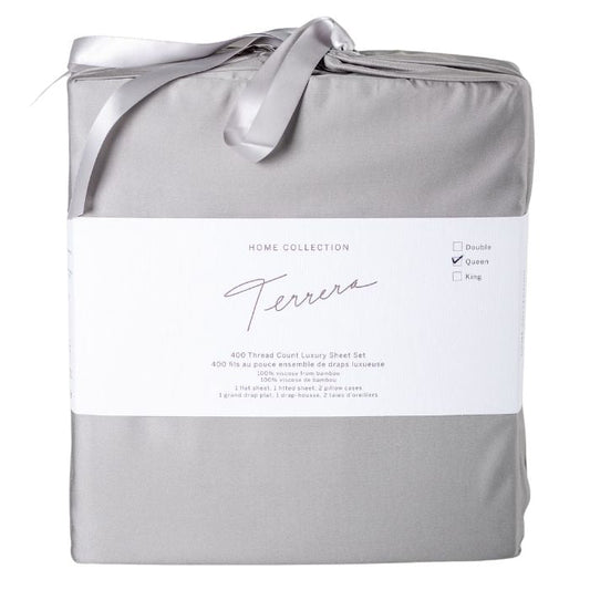 light grey sheet set- flat sheet, fitted sheet and two pillowcases in cloth bag