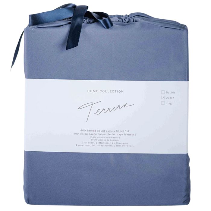 Mineral blue sheet set- flat sheet, fitted sheet and two pillowcases in cloth bag
