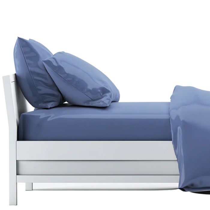 Mineral blue sheet set- flat sheet, fitted sheet and two pillowcases on made bed