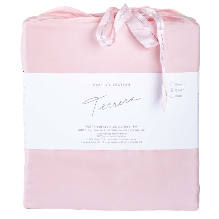 Pale rose pink sheet set- flat sheet, fitted sheet and two pillowcases in cloth bag