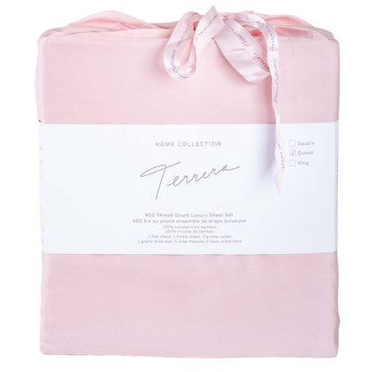 Pale rose pink sheet set- flat sheet, fitted sheet and two pillowcases in cloth bag
