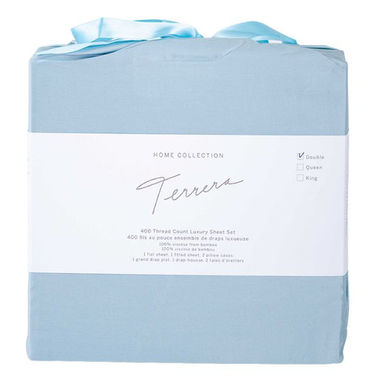 Sky blue sheet set- flat sheet, fitted sheet and two pillowcases in cloth bag