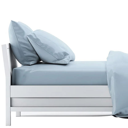 Sky blue sheet set- flat sheet, fitted sheet and two pillowcases on made bed