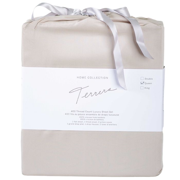 Taupe brown sheet set- flat sheet, fitted sheet and two pillowcases in cloth bag