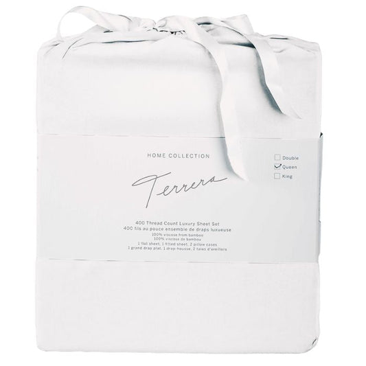 white sheet set- flat sheet, fitted sheet and two pillowcases in cloth bag
