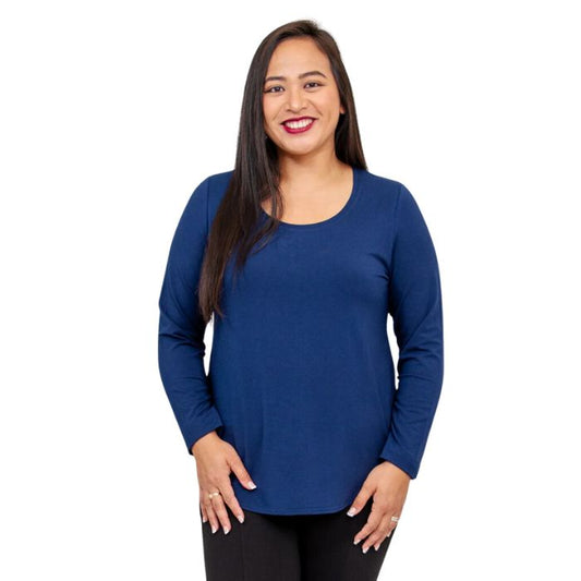 top of female model wearing tessa long sleeve top indigo blue front view on white background