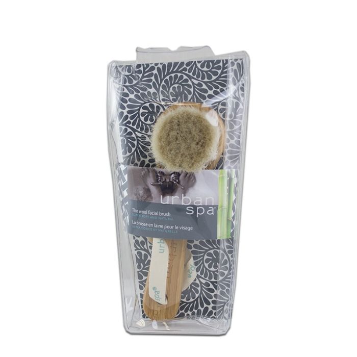 front view of the bamboo and wool facial brush in package