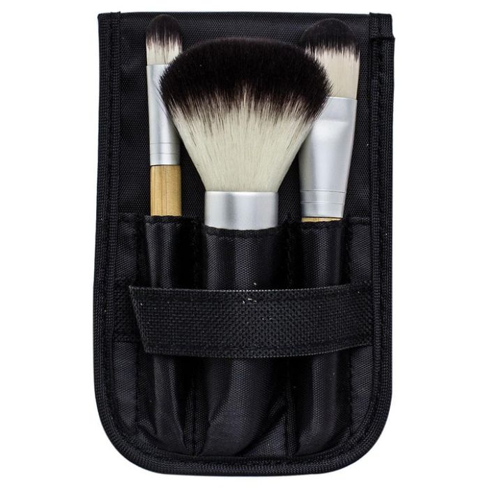 front view of three brushes in travel bag