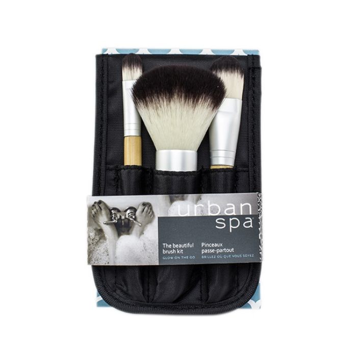 front view of three brushes and travel bag in package