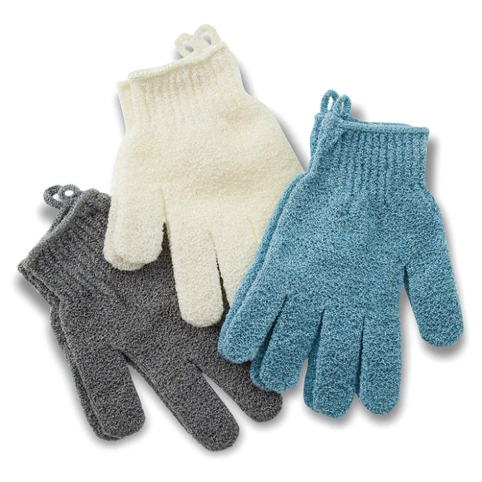 grey, white and blue get glowing exfoliating bath gloves