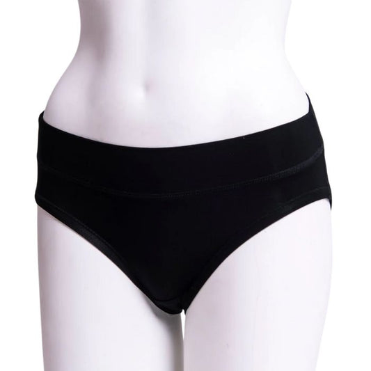 body of white female mannequin wearing black the hipster underwear front view on white background