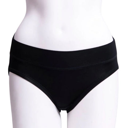 body of white female mannequin wearing black hipster underwear front view on white background