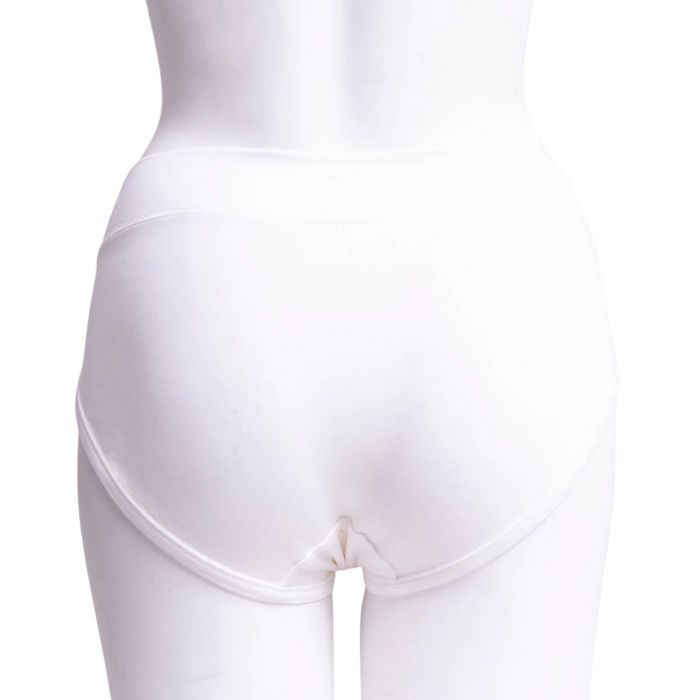 body of white female mannequin wearing white hipster brief underwear back view on white background