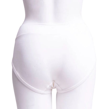 body of white female mannequin wearing white hipster brief underwear back view on white background