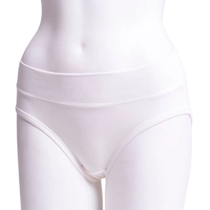 body of white female mannequin wearing white hipster brief underwear front view on white background