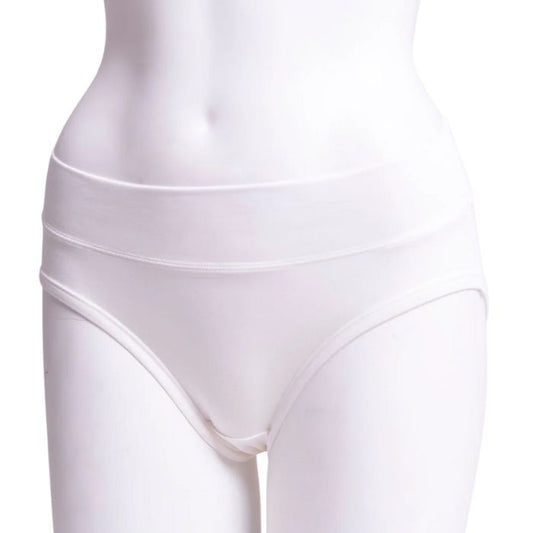 body of white female mannequin wearing white hipster brief underwear front view on white background