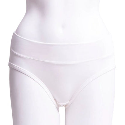 body of white female mannequin wearing white hipster brief underwear front view on white background