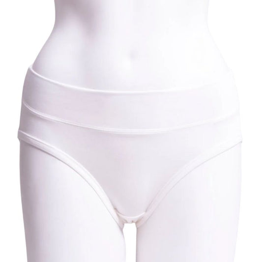 body of white female mannequin wearing white hipster brief underwear front view on white background