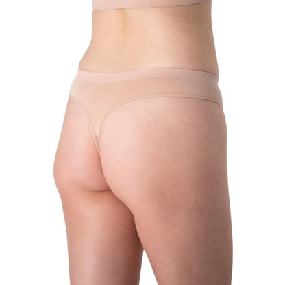 female model wearing beige thong underwear back view on white background
