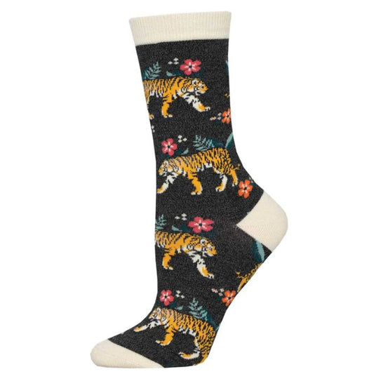 tiger florals sock charcoal grey sock with tigers and flowers print. 