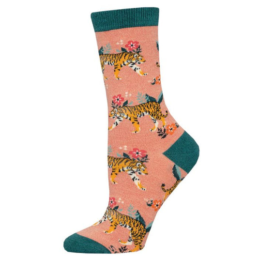 tiger florals sock pink sock with tigers and flowers print. 