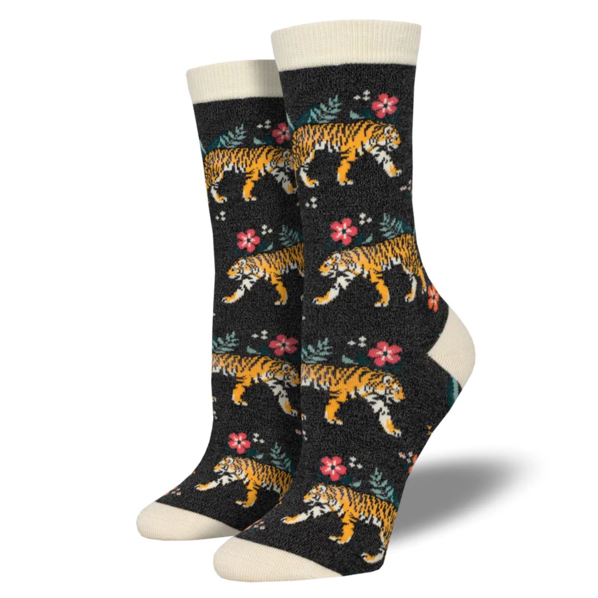 Tiger florals socks a pair of black crew socks with tiger and flower print