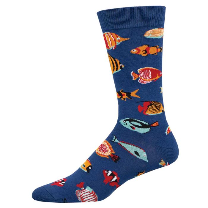 Tropical fish sock blue crew sock with Colorful tropical fish print