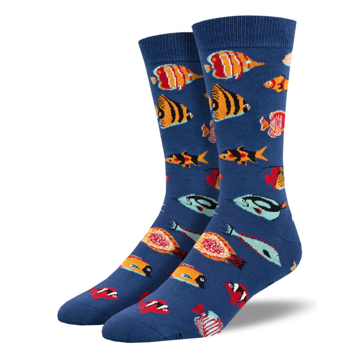 Tropical fish socks a pair of blue crew socks with tropical fish print