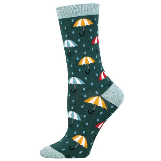 green crew sock with colourful umbrella print