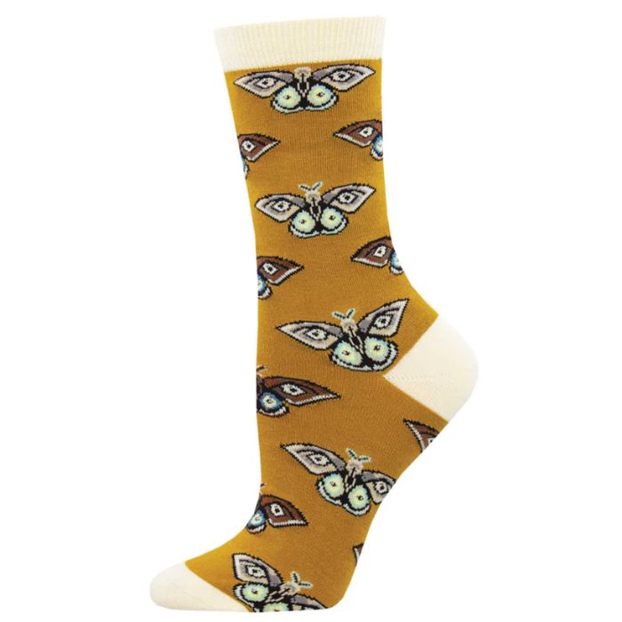vintage moth sock gold yellow sock with moth bug print. 