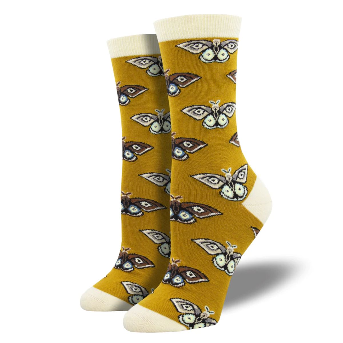 Vintage moths socks a pair of gold yellow crew socks with moth print