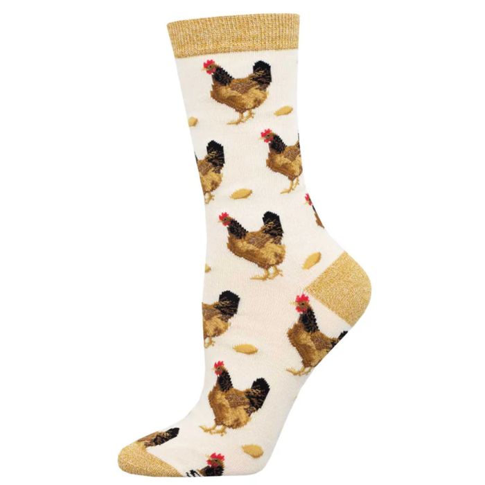 Which came first sock ivory white sock with chicken and egg print. 