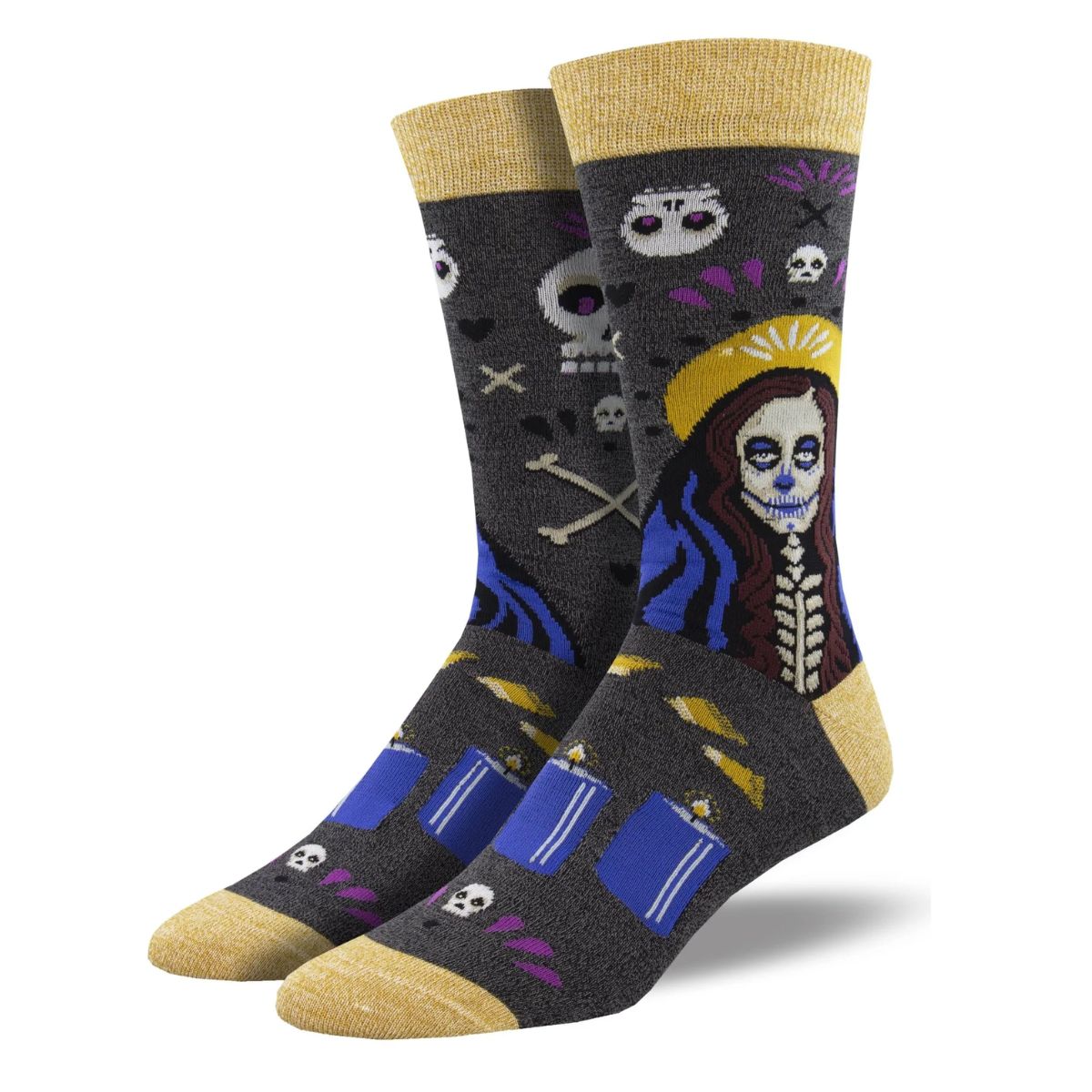 Wicked voodoo socks a pair of charcoal grey socks with skeleton and candle print