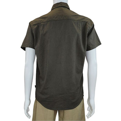 Army green Will button up shirt back view of top on mannequin