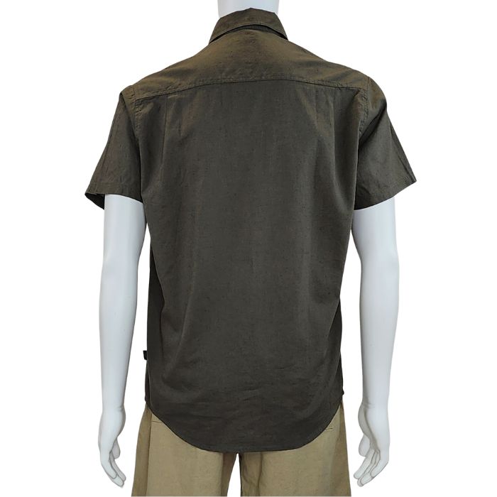 Will button up shirt army green back view of top on mannequin