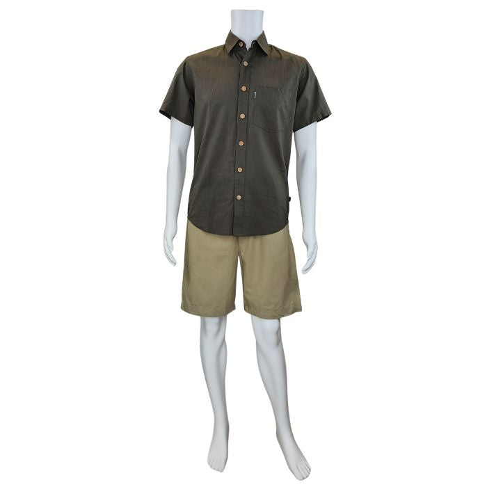 Army green Will button-up shirt full body front view on mannequin
