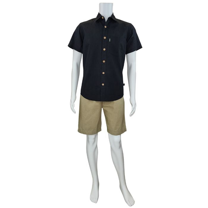 Will button up shirt black full body front view of mannequin