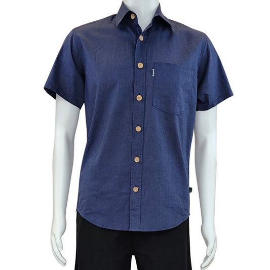 Will button up shirt blue front view of top on mannequin