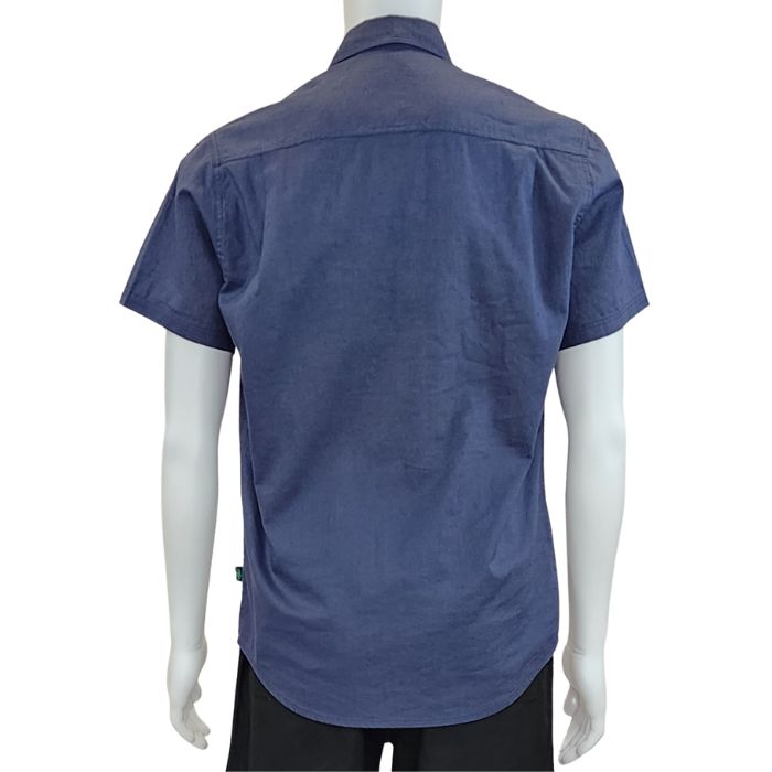 Blue Will button up shirt back view of top on mannequin