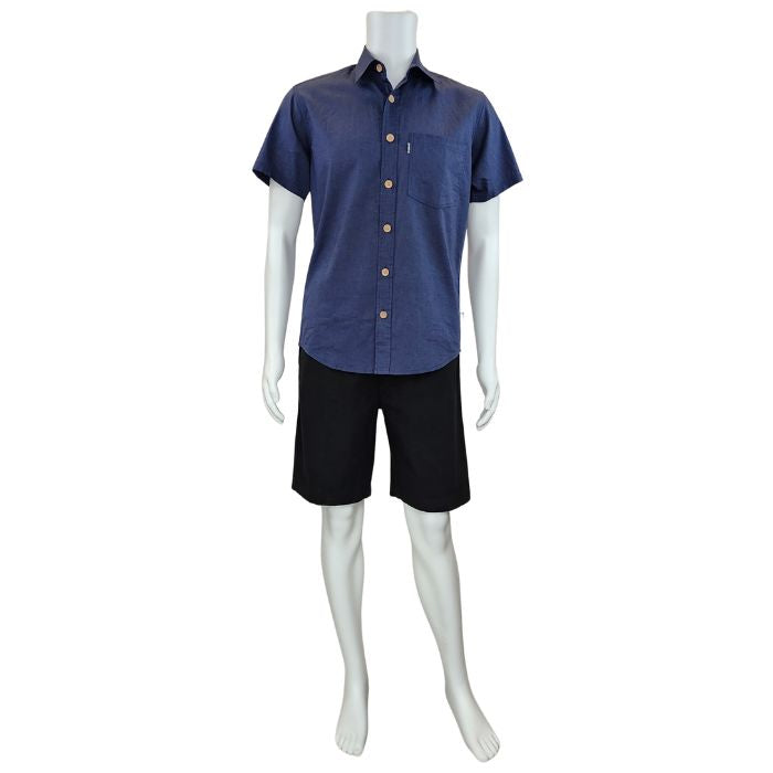 Blue Will button-up shirt full body front view on mannequin