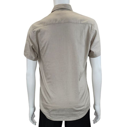 Oatmeal brown Will button up shirt back view of top on mannequin