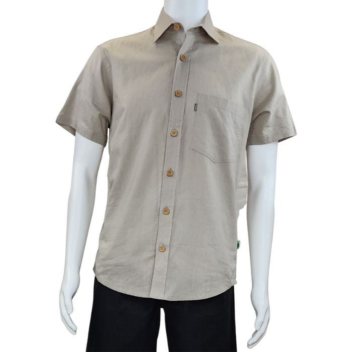Oatmeal brown Will button up shirt front view of top on mannequin